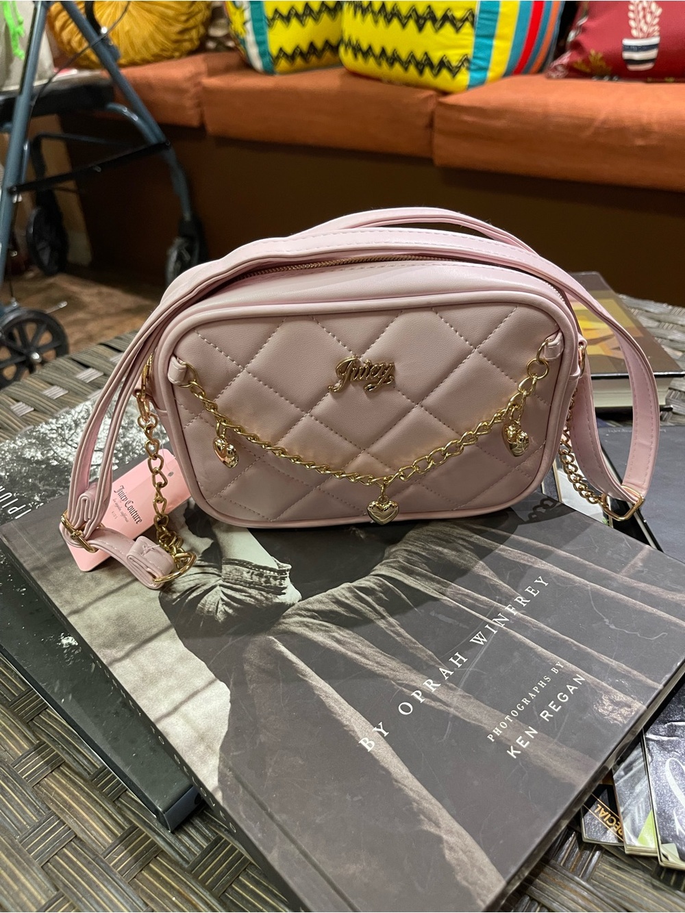 Juicy Couture Blush Pink Quilted Crossbody with Gold Chain Trim